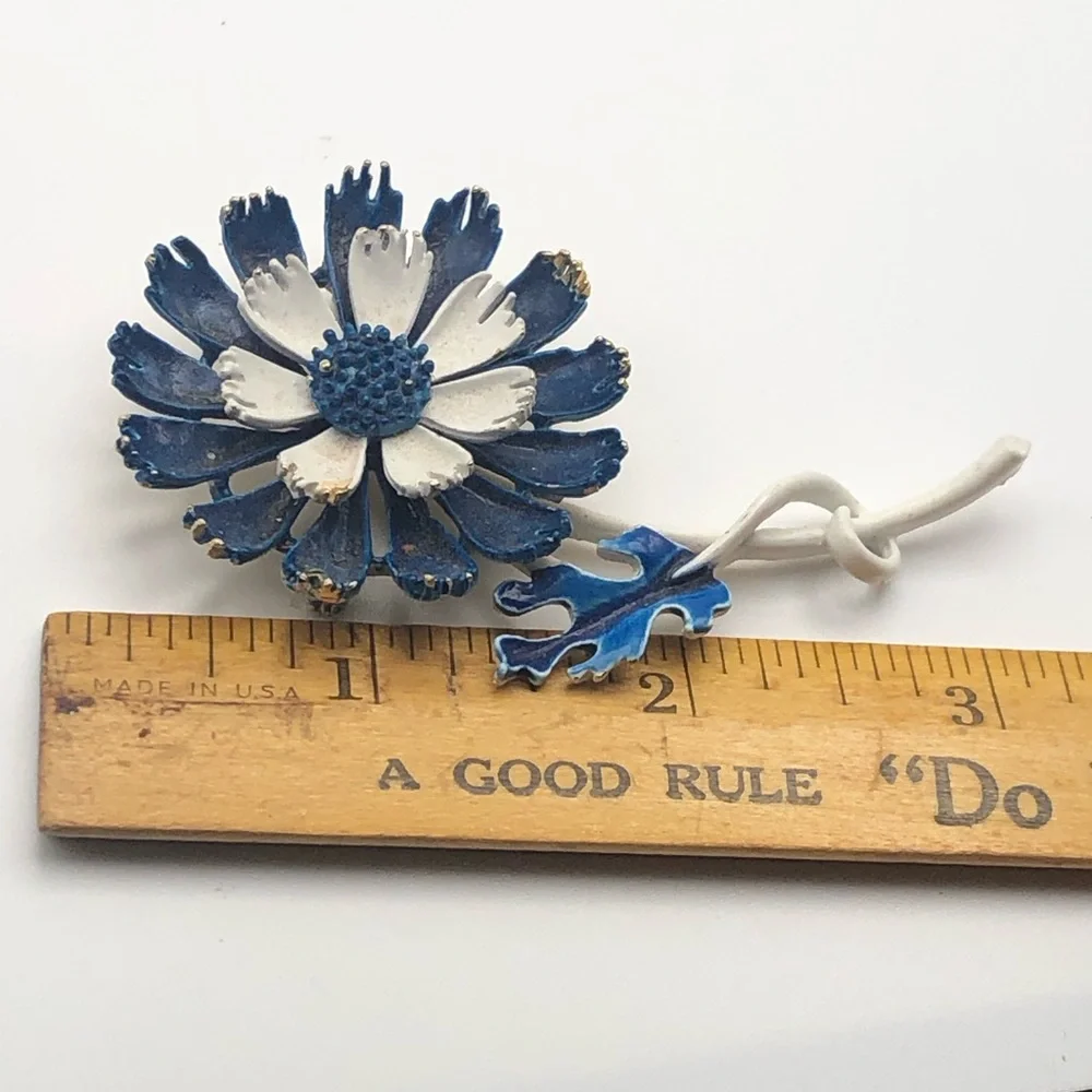 Vintage Blue & White Enamel Flower Brooch